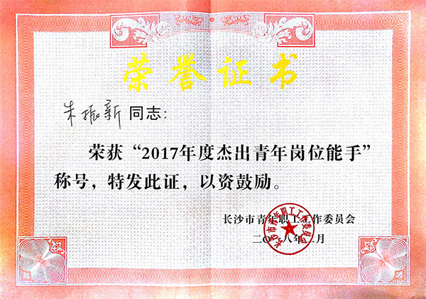 yp街机智能朱振新荣获长沙市2017年度优异青年岗位能手